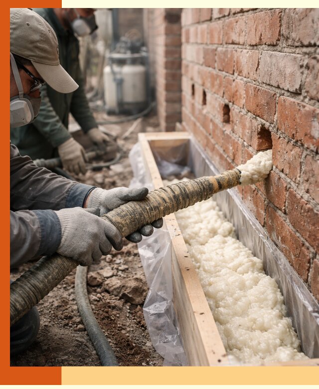 Заливка ППУ в пустоты кирпичной стены в лесном