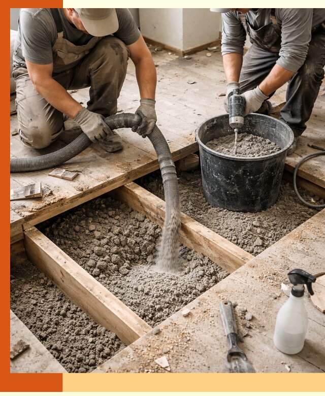 Заполнение пустот пола в лесном полиуретаном и пенополистиролом