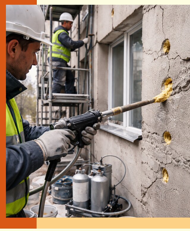 Заполнение пустот в фасаде и утепление стен в лесном