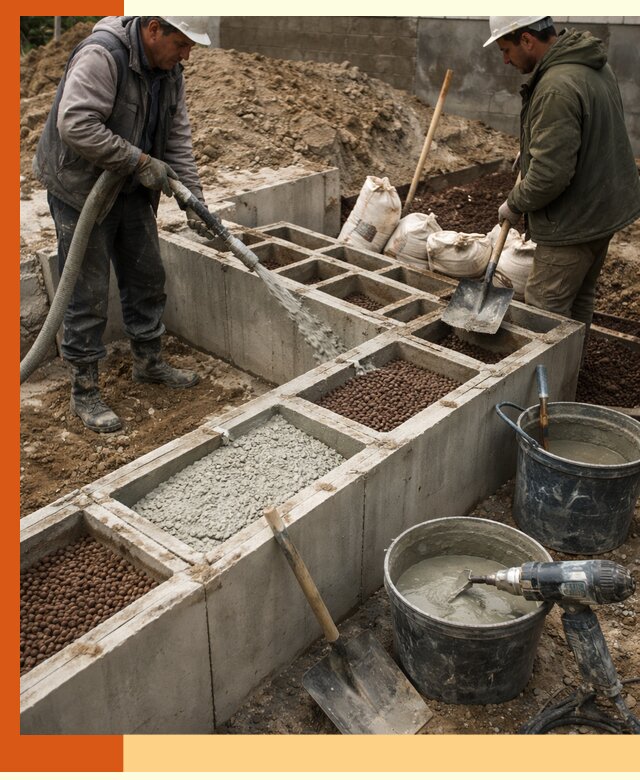 Заполнение полостей фундамента в лесном герметичным утеплением и повышением прочности