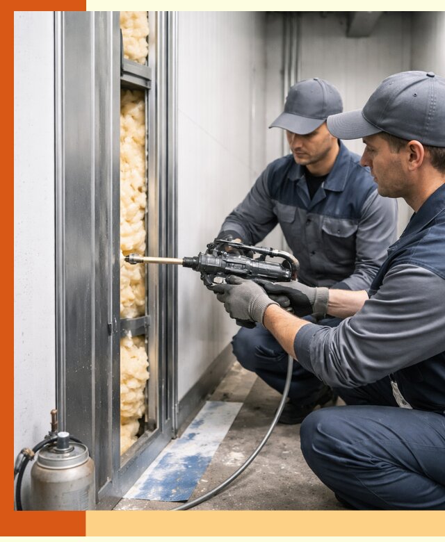 Заполнение пустот холодильных панелей в лесном специализированной пеной