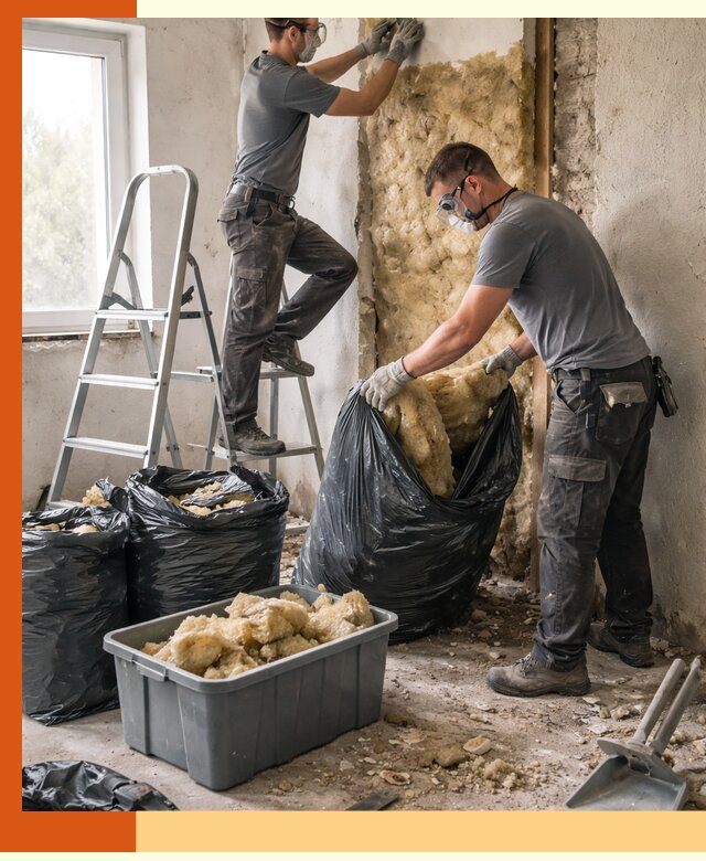 Демонтаж старого утеплителя и вывоз отходов в лесном